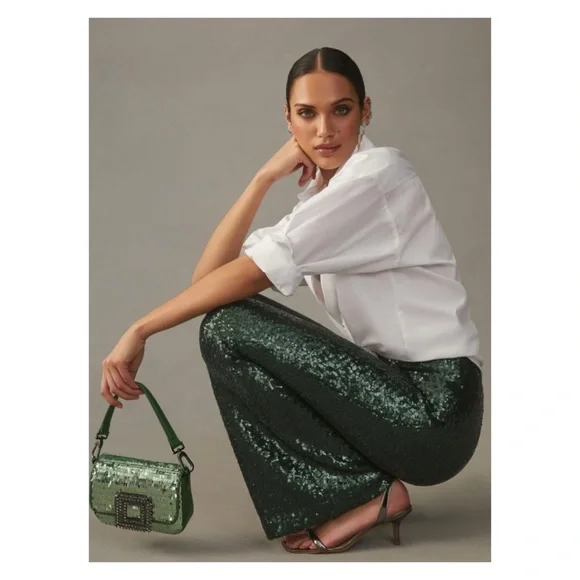 NWOT Anthropologie Joni Sequin Flare Pants in Dark Green Size 10 - Picture 4 of 14